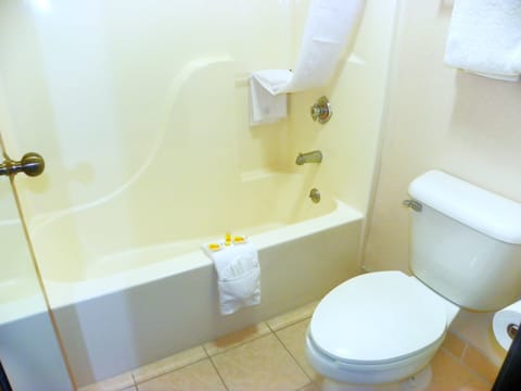 Combined shower/tub, deep soaking tub, free toiletries, hair dryer