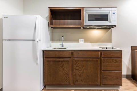 Full-size fridge, microwave, stovetop