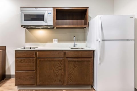Full-size fridge, microwave, stovetop