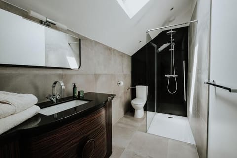 Shower, rainfall showerhead, free toiletries, hair dryer