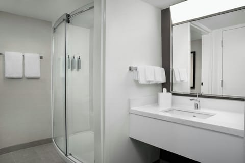 Combined shower/tub, free toiletries, hair dryer, towels