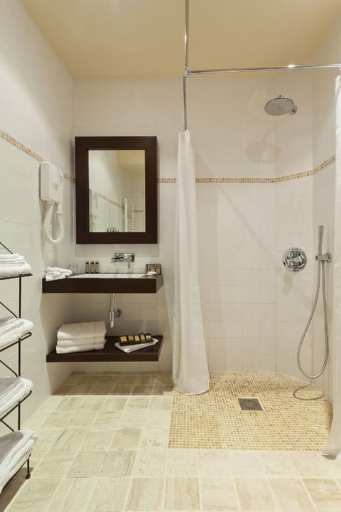 Hair dryer, bathrobes, towels