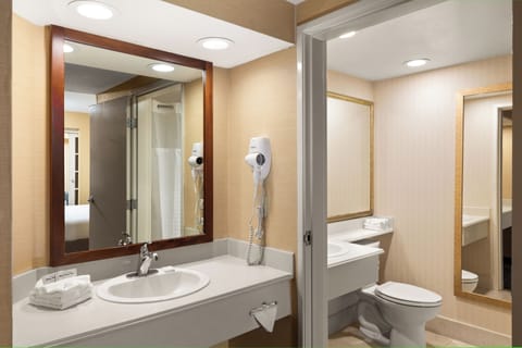 Combined shower/tub, free toiletries, hair dryer, towels