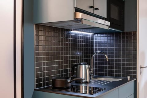 Full-size fridge, microwave, electric kettle