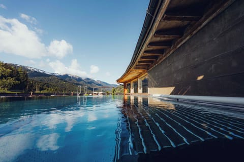 Outdoor pool, pool umbrellas, sun loungers