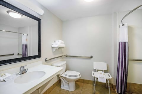 Combined shower/tub, free toiletries, hair dryer, towels