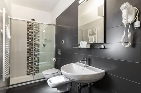 Hair dryer, bidet, towels, soap