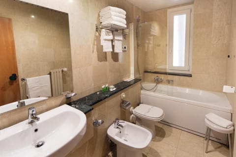 Shower, hair dryer, bidet, towels