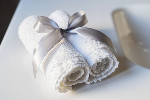 Shower, rainfall showerhead, free toiletries, hair dryer