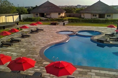 Outdoor pool, pool umbrellas, sun loungers