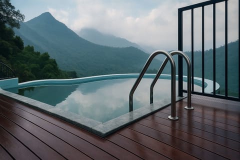 Outdoor pool, pool umbrellas, sun loungers