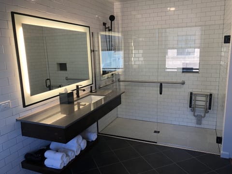 Shower, rainfall showerhead, designer toiletries, hair dryer