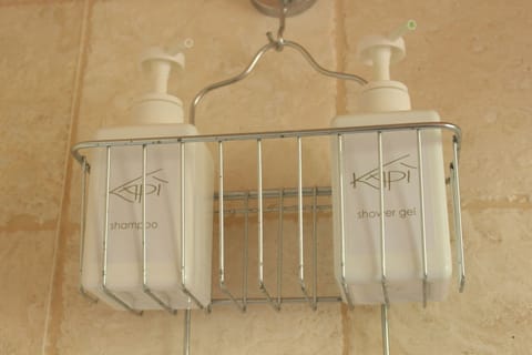 Shower, rainfall showerhead, free toiletries, hair dryer