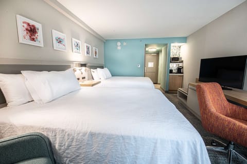 Desk, laptop workspace, blackout drapes, iron/ironing board