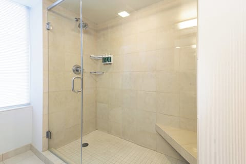 Combined shower/tub, hair dryer, towels, soap