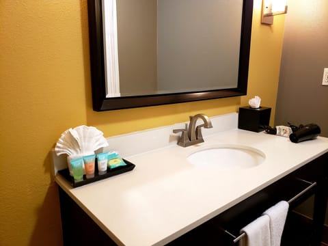 Combined shower/tub, eco-friendly toiletries, hair dryer, towels