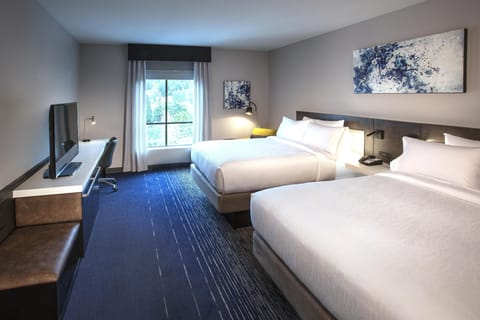 Desk, laptop workspace, blackout drapes, iron/ironing board