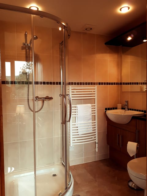 Shower, hydromassage showerhead, designer toiletries, hair dryer