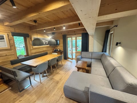 Cabin, 3 Bedrooms | Living area | 40-inch LCD TV with digital channels, TV, fireplace
