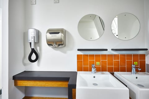 Shower, hair dryer, soap, toilet paper