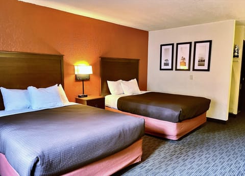 Room, 2 Queen Beds, Non Smoking | Desk, laptop workspace, blackout drapes, iron/ironing board