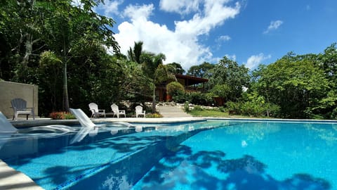 Outdoor pool, pool umbrellas, sun loungers