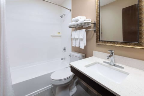 Combined shower/tub, free toiletries, hair dryer, towels