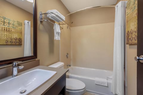 Room, 1 Queen Bed | Bathroom | Combined shower/tub, free toiletries, hair dryer, towels