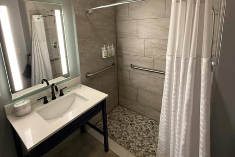 Combined shower/tub, free toiletries, hair dryer, towels
