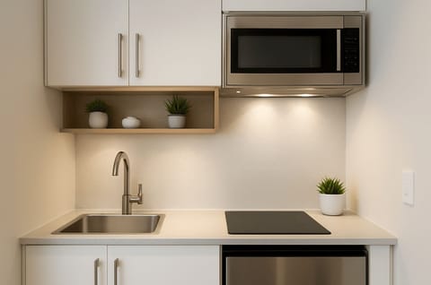 Business Apartment | Private kitchen | Fridge, microwave, oven, stovetop