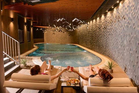 Indoor pool, open 8:00 AM to 10:00 PM, sun loungers