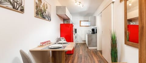 Apartment (Gartenblick) | Private kitchen | Fridge, stovetop, cookware/dishes/utensils