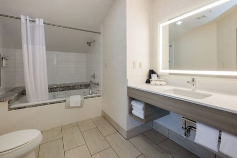 Combined shower/tub, free toiletries, hair dryer, towels
