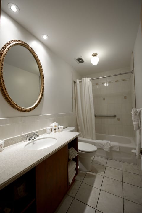 Combined shower/tub, free toiletries, hair dryer, towels