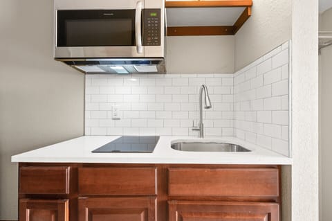 Full-size fridge, microwave, stovetop, freezer