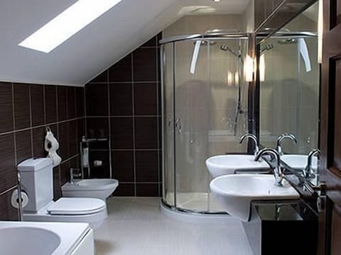 Shower, rainfall showerhead, free toiletries, hair dryer