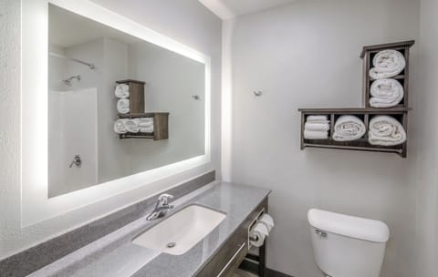 Combined shower/tub, free toiletries, hair dryer, towels
