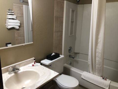 Combined shower/tub, free toiletries, hair dryer, towels