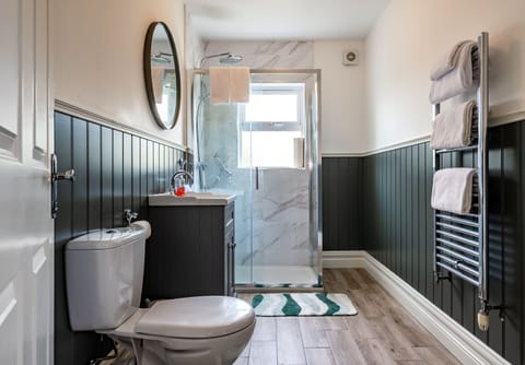 Shower, hydromassage showerhead, free toiletries, hair dryer