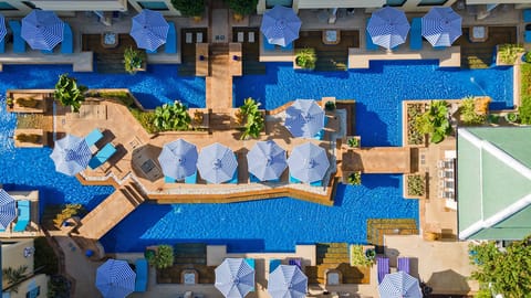 6 outdoor pools, open 9:00 AM to 7:00 PM, pool umbrellas, sun loungers