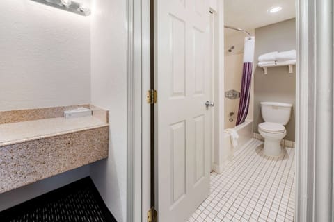 Combined shower/tub, free toiletries, hair dryer, towels