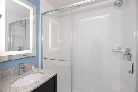 Hydromassage showerhead, free toiletries, hair dryer, towels