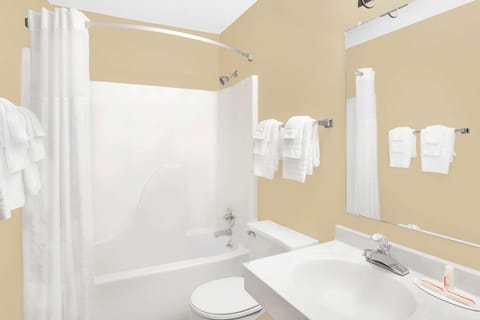 Combined shower/tub, free toiletries, hair dryer, towels