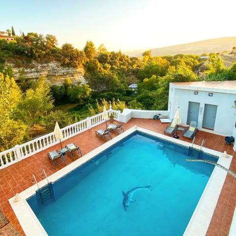 Outdoor pool, pool umbrellas, sun loungers