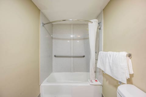 Combined shower/tub, free toiletries, hair dryer, towels