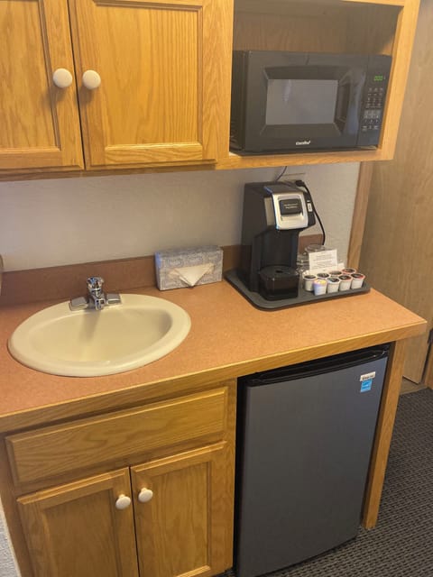 Mini-fridge, microwave, coffee/tea maker