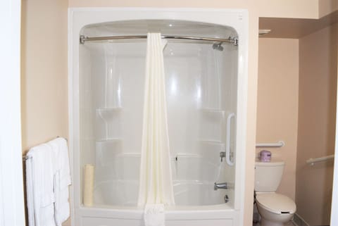 Combined shower/tub, free toiletries, towels