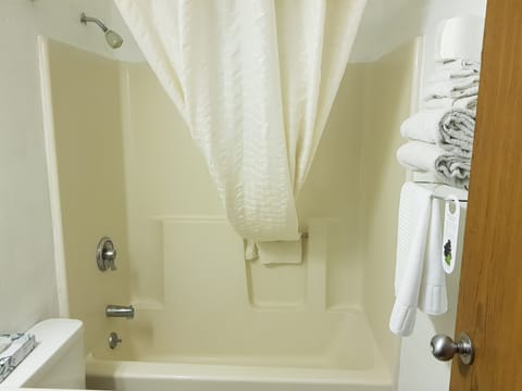 Combined shower/tub, free toiletries, hair dryer, towels