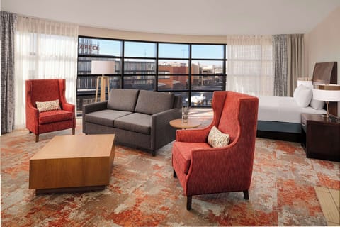 Down comforters, desk, laptop workspace, blackout drapes