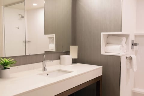 Room, 1 King Bed with Sofa bed | Bathroom | Hair dryer, towels, soap, shampoo